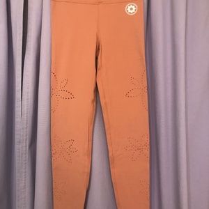 NEW Womens workout yoga legging long length coral w/ flower cutouts soft